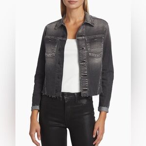 L'AGENCE Janelle Slim Raw Cropped Denim Jacket in Vintage Black